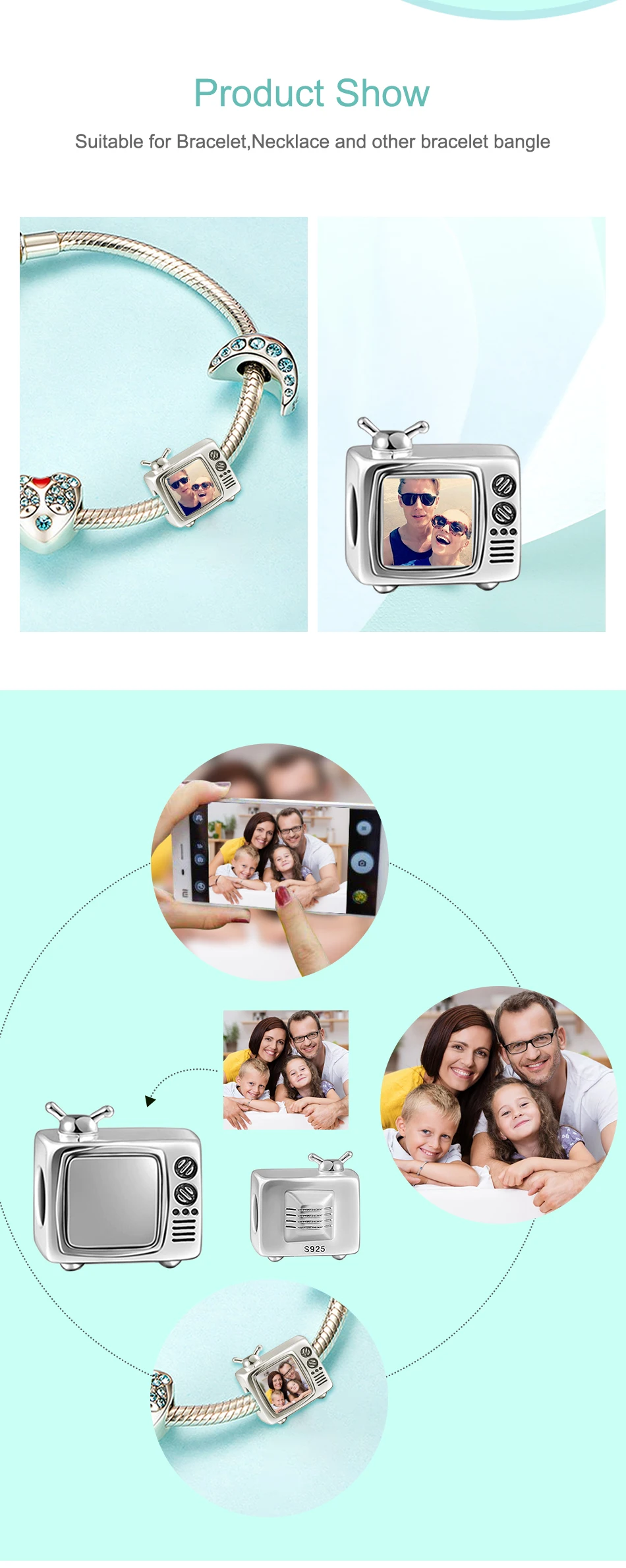 Персонализированные пользовательские фото 925 пробы серебряный прямоугольник телевизор Шарм Fit бренд браслет для женщин DIY Ювелирные изделия креативный подарок