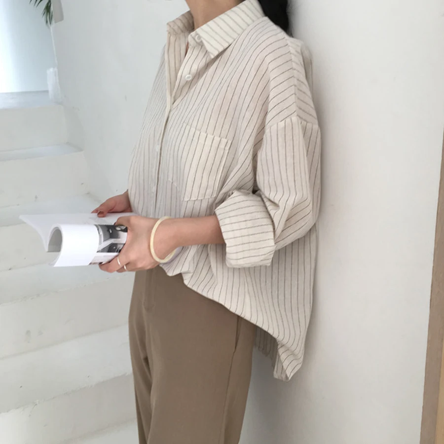 الفتيات مخطط النساء البلوزات المتناثرة قمصان طويلة الأكمام رفض طوق قمم الإناث البلوزات الربيع قمصان 2019