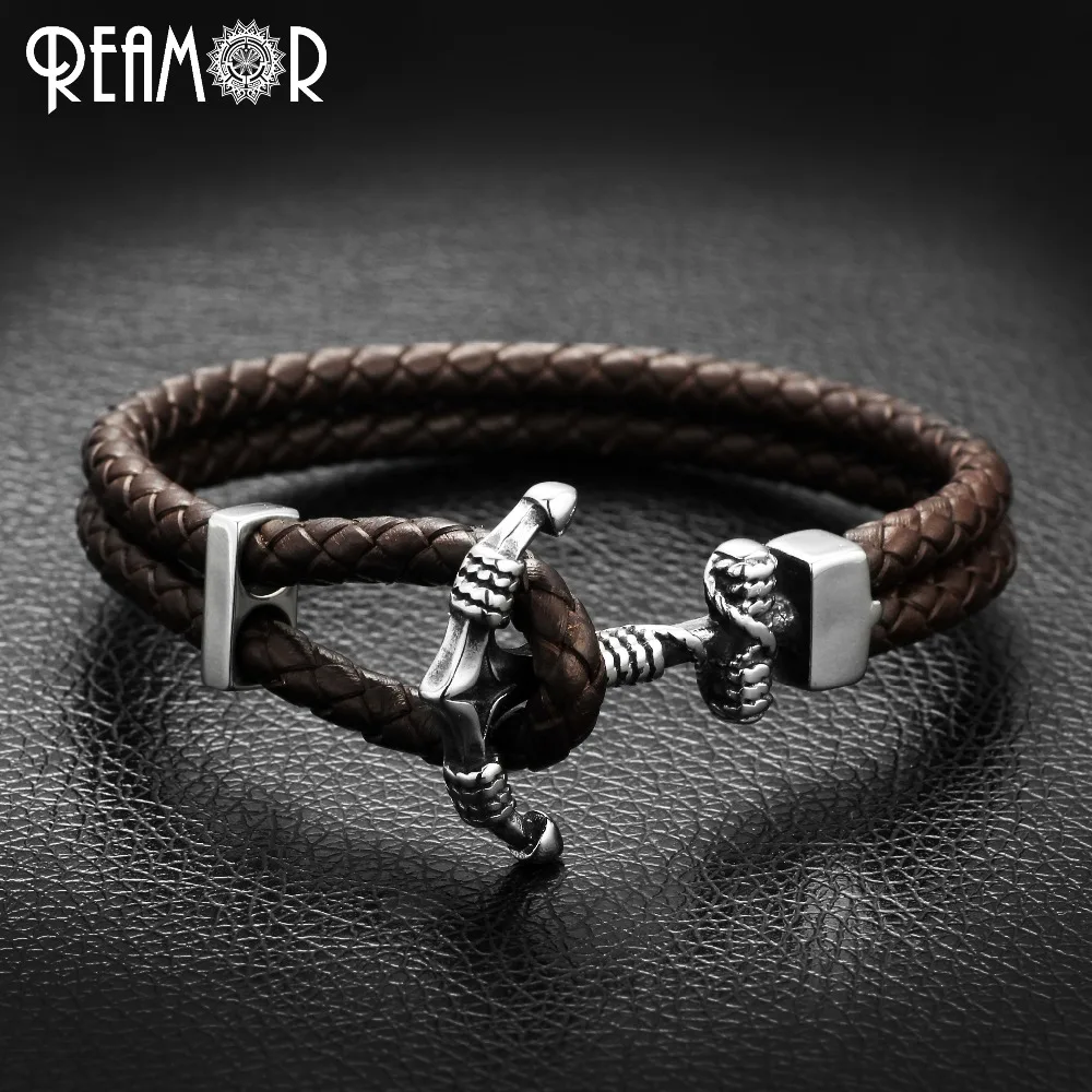 

REAMOR Retro Genuine Braided Double Leather Bracelet With 316l Stainless Steel Anchor Connector Buckle Charms Wristband Bangle