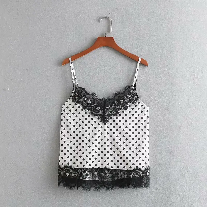 

2019 Women sexy polka dot print camis tank tops spaghetti strap ladies summer eyeslash lace stitching sling tops harness LS3571