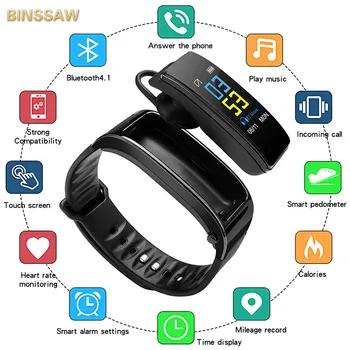 

BINSSAW Smart Watch Men Detachable Bluetooth Earphone Touch Heart Rate Monitor Smartwatch Women Answer Call Waterproof iOS+BOX