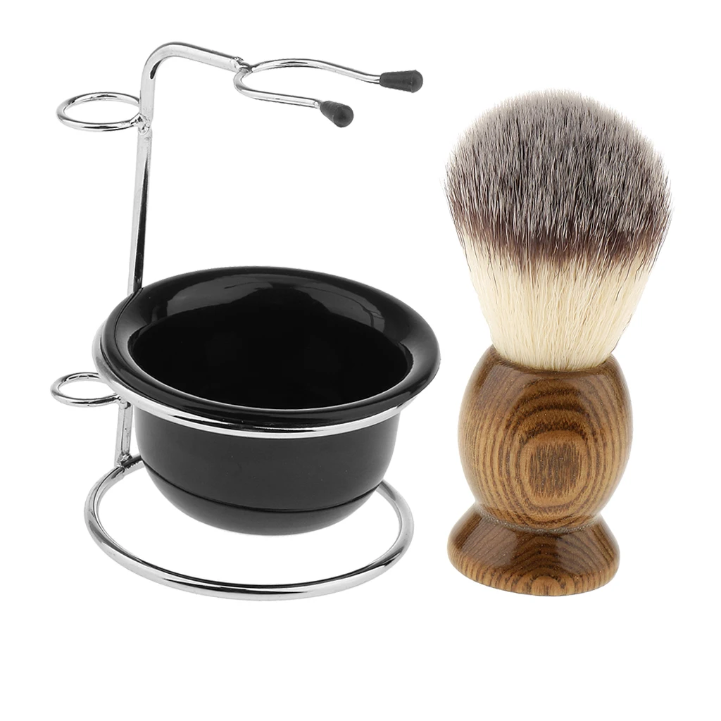 Set of 3 Pieces Natural Wood Shaving Brush + Stainless Steel Holder Stand Rack + Mens Shave Soap Cream Mug Bowl Set Kit