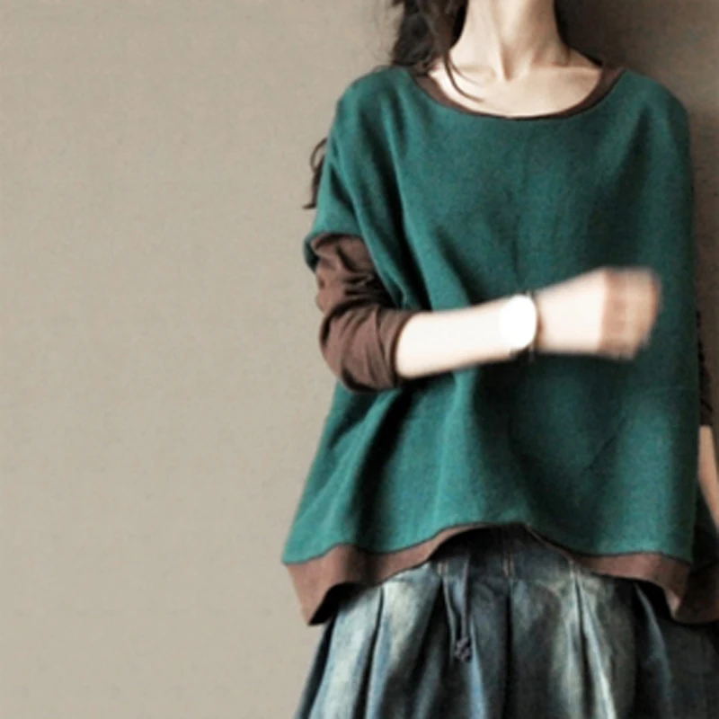 

LRCP Spring Autumn Women Ultra Loose Color Contrast Patchwork Faux Twinset Pullover Sweater