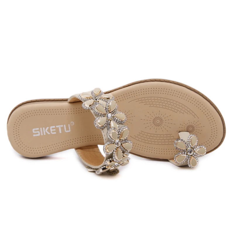 Color 2017 Piso Comfort Siketu Zapatos Verano Plana Mujer Sandalias Llegada Flor Bohemia negro Moda Rhinestone Nueva Apricot Playa AqwEpa