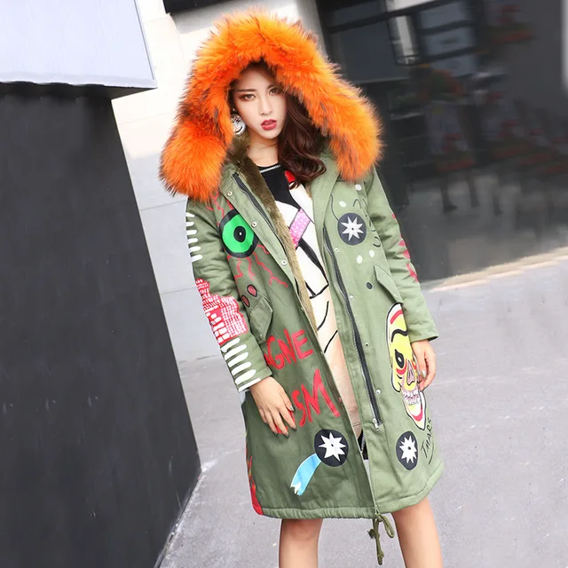 Cheap 2016 Warm Winter Jacket Women Cool Pattern Fur Lining Coat Women Raccoon Fur Collar Hooded Winter Coats Parka Jaqueta Feminina