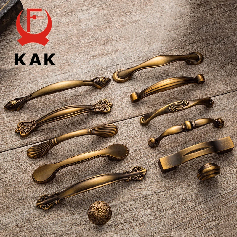 

KAK 5 pieces Vintage Yellow Bronze Cabinet Handles European Style Drawer Knobs Cupboard Wardrobe Door Handles Furniture Handles