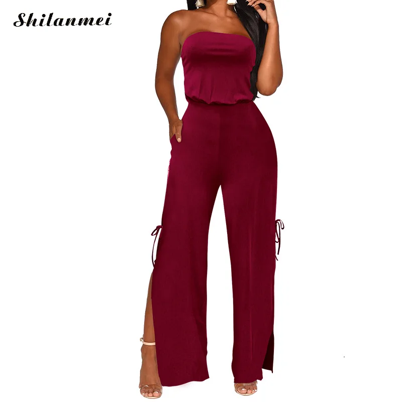 Off Shoulder Solid Colors Jumpsuit Women summer Sexy Casual Sparkly Loose Rompers Playsuit Wide Leg Pants Side Slit Long Rompers