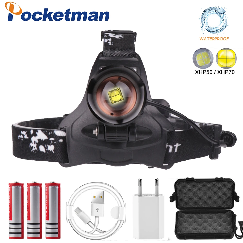 

LED headlamp XHP70.2 Rechargeable Headlight 65000lm power Led headlamp flashlight torch zoom Head light for Camping fishing
