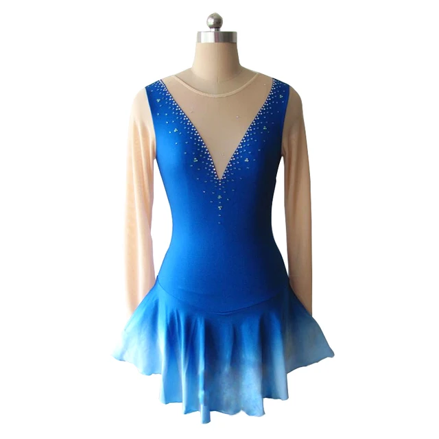 Cheap Customized Costume Ice Figure Skating Gymnastics Dress Competition Adult Child Girl Skirt Performance Blue V-neck Rhinestone