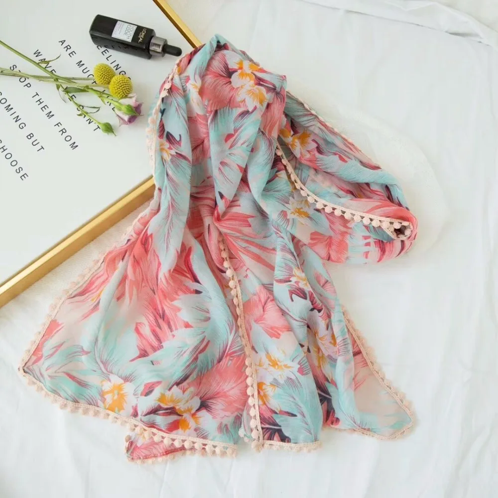 

Fashion Newest Women Floral Printed Lace Trim Cotton Scarf Shawls 10pcs/lot