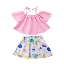 Летняя одежда с цветочным принтом для маленьких девочек летний костюм, комплект из 2 предметов, футболка с открытыми плечами для девочек