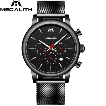 

MEGALITH Fashion Watch Men Casual Waterproof Chronograph Analog Quartz Wrist Watch Black Mesh Strap Business Sport Men Clock
