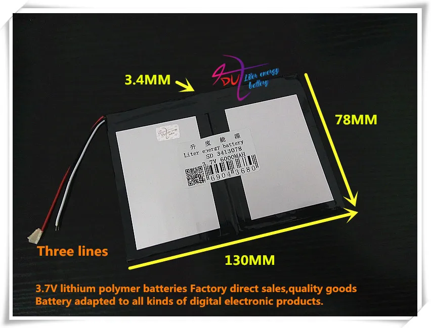 

3.7V 6000mAH 3413078 Polymer lithium ion / Li-ion battery for tablet pc cell phone MOBILE POWER BANK MP4 E-BOOK