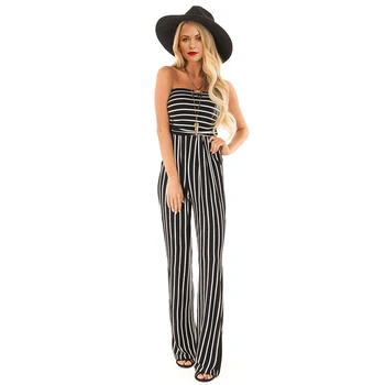 

2019 Women Black White Contrast Striped Sleeveless Jumpsuit Fashion Casual Strapless Elastic Waist Slim Playsuits With Pockets