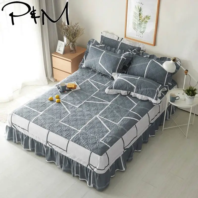 

Papa&Mima Cotton quilted Bedskirt Pillowcase print Mattress Cover Gray