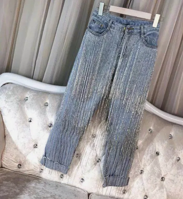 2019 весенне-осенние модные джинсы с бахромой ручной работы, Украшенные бусинами и бриллиантами, женские джинсовые брюки в стиле ретро узкие