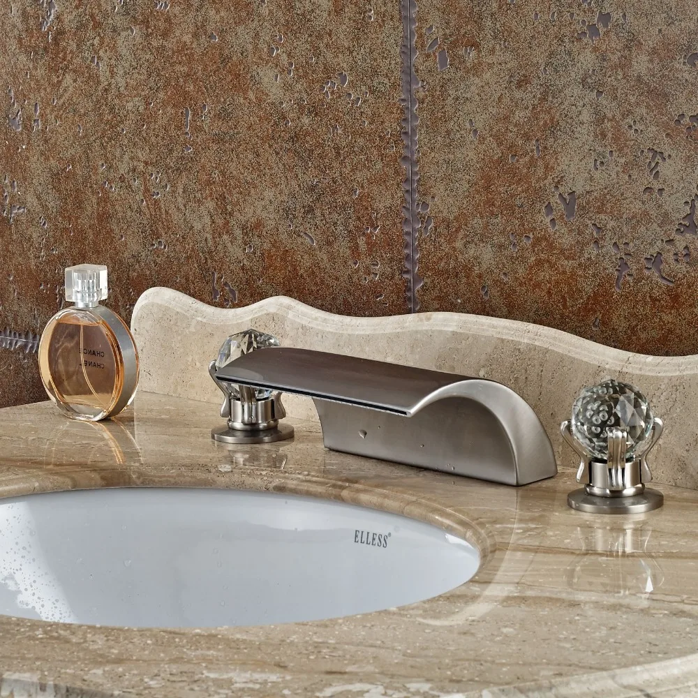 

Brushed Nickel Waterfall Bathroom Sink Basin Mixer Faucet Widespread Dual Handles Hot Cold Taps
