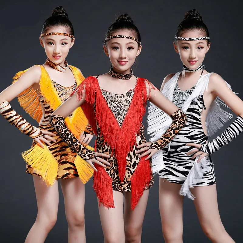 

tassel latin dance dress for girls salsa Leopard spandex rumba tango children ballroom dresses for kids samba competition fringe