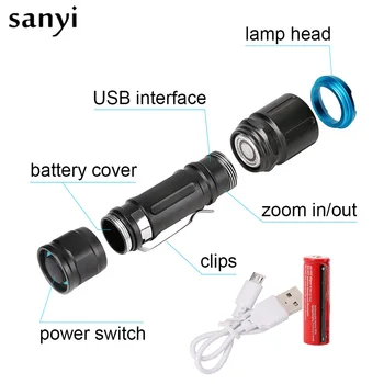 

USB LED Flashlight Rechargeable L2 LED Torch Light Hunting USB LED Lantern 4 Modes Zoomable Torch for Camping Powered By 18650