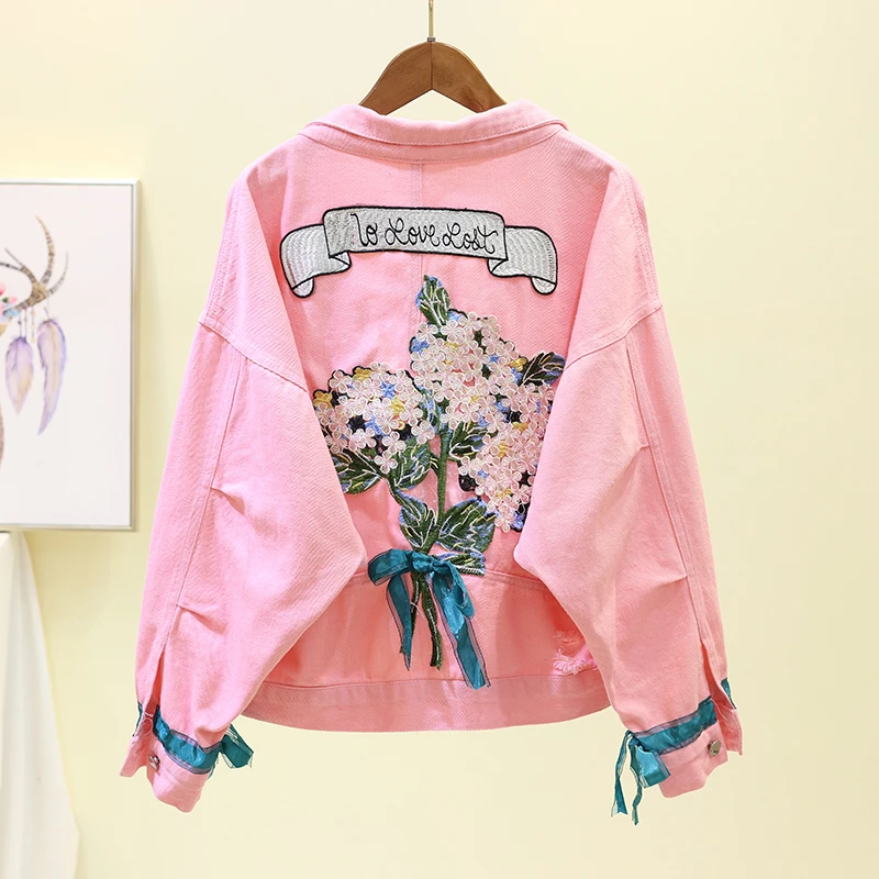 

2019 Spring and Autumn New Korean Candy Color Embroidered Denim Short Jacket Women Loose Long Sleeve BF Jacket Top 1938