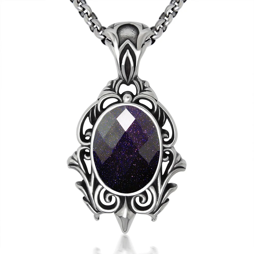 

Vintage Look Silver Tone Stainless Steel Blue Gravel Floral Oval Pendant Necklace 60CM SS Chain