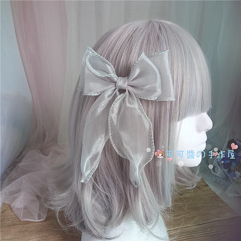 Японских заколки для волос большой заколка в виде бантика в стиле "Лолита" Копировать сбоку пряжа ленты заколка для волос женские аксессуары для волос - Цвет: Light grey