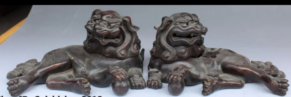 

8" Chinese Bronze Foo Fu Dog Guardion Lion Incense Burner Censer Pair Pot Statue R0707