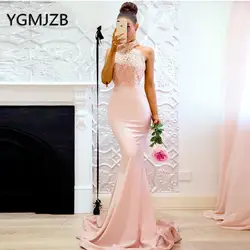 Robe demoiselle d'honneur 2019 Розовый Длинные Свадебные платья платье годе с лямкой на шее жемчуг Аппликации Кружева Для женщин вечерние платье