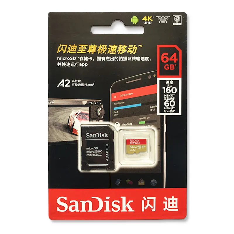 Sandisk Extreme Micro SD карта U3 V30 A2 64 Гб 128 ГБ 256 32 A1 флэш память TF с адаптером для спортивных