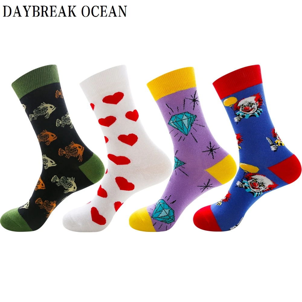 Унисекс 4 пары чесаный мужские хлопковые носки Fishbone любовь алмаз носки с изображением клоуна модные Повседневное красочные осень-зима