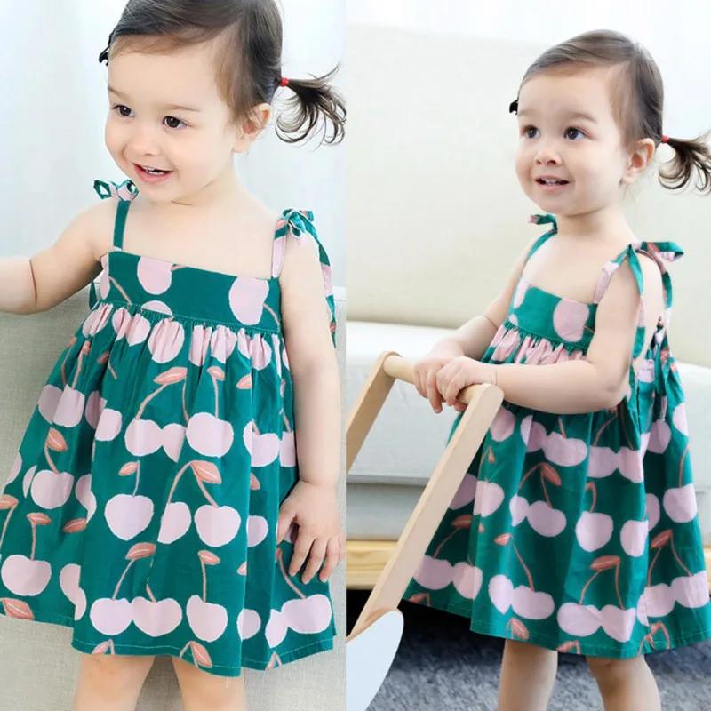 

Baby Girls Summer Dress Cotton Toddler Print Strap Dress Kids Bowtie Princess Dresses for Girls