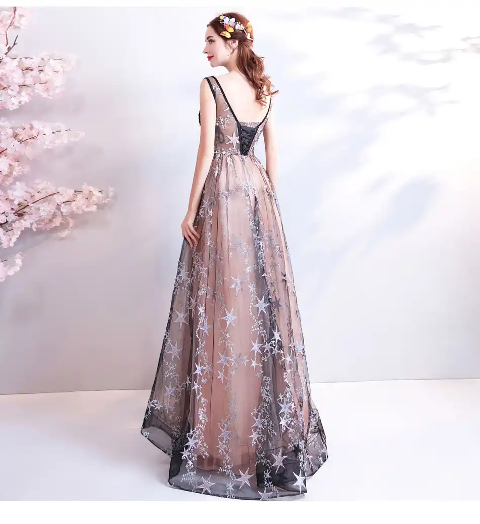 星の装飾 V ネックイブニングドレス刺繍イリュージョンロングウェディングドレスジュニア花嫁誕生日パーティードレス Vestido デ フェスタ イブニングドレス Aliexpress