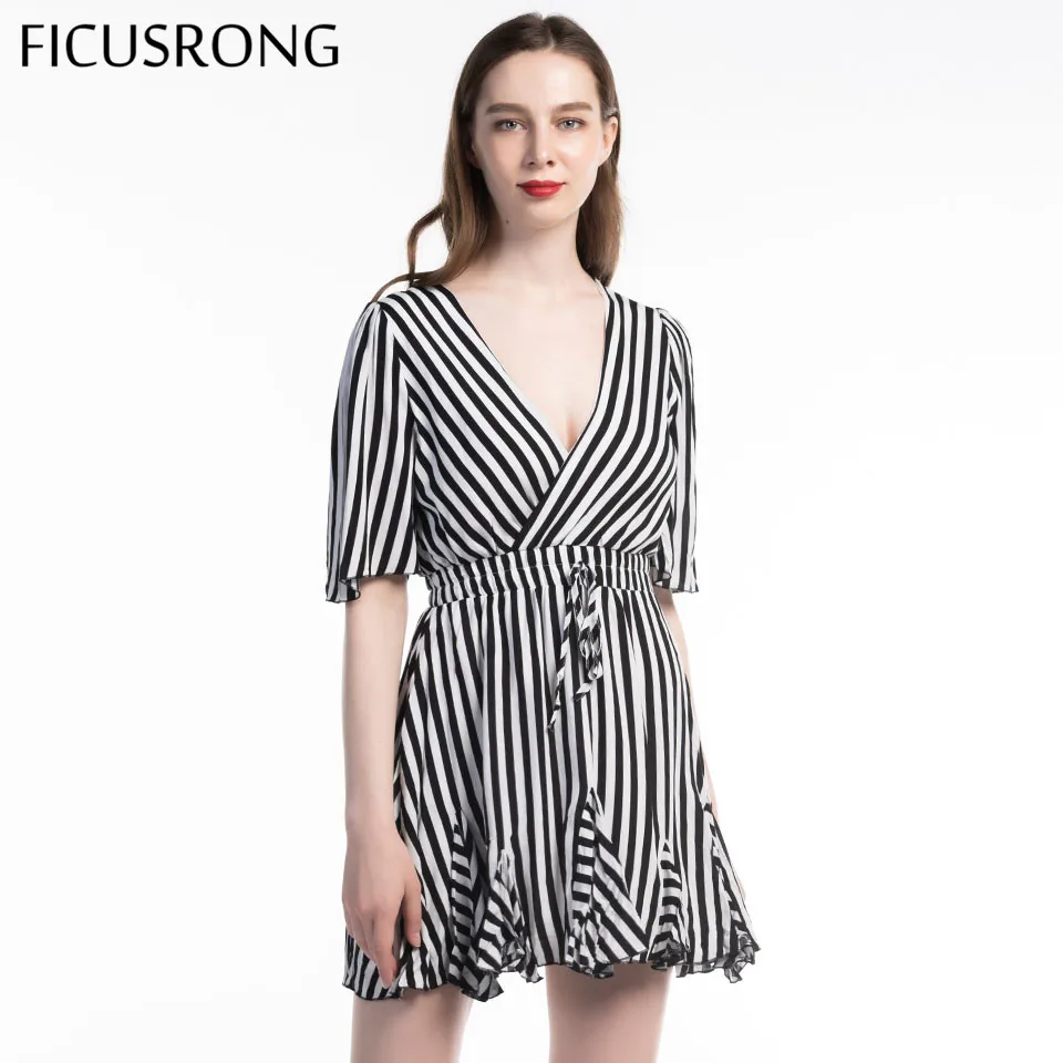 

Vintage Striped Women Dress V Neck Ruffle Cotton Short Summer Dress Plus Size Sexy Casual Lady Female vestido festa FICUSRONG