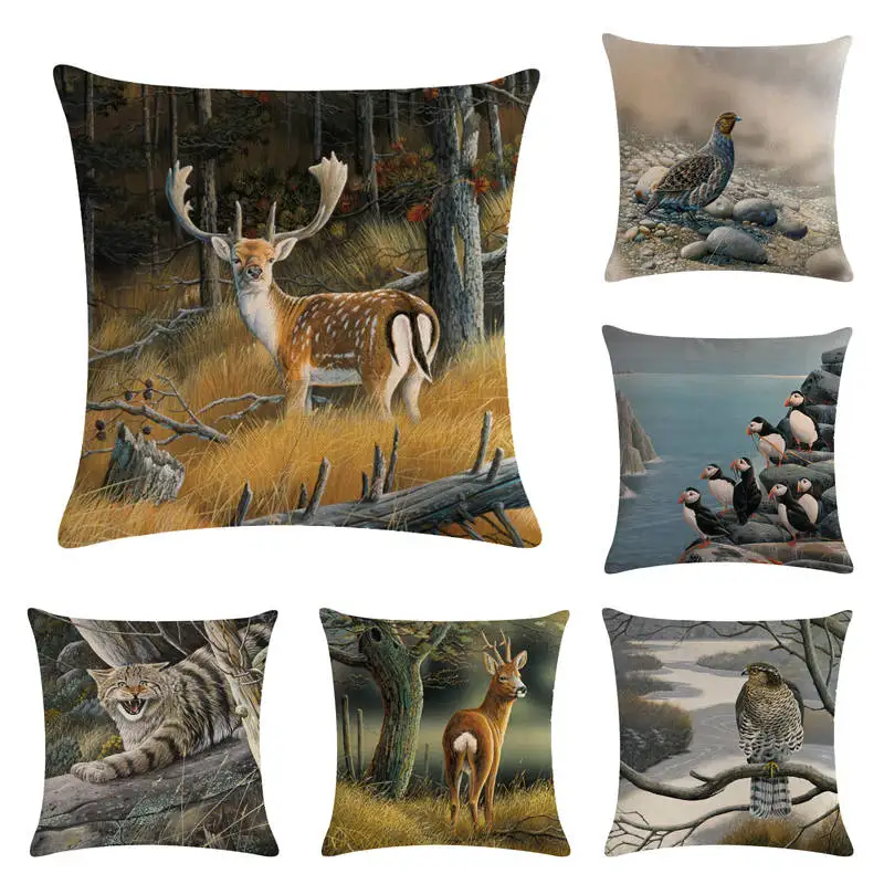 Animals Deer Lion Linen Throw Pillow Case Pillow Cover Cushion Cover Home Decor
