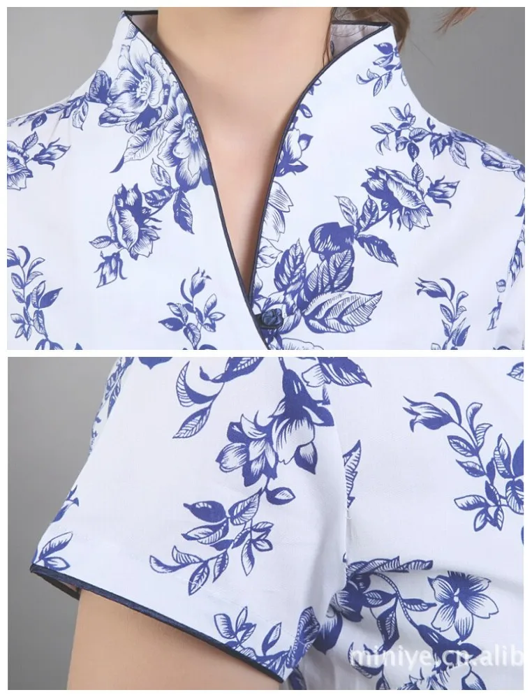 Новое поступление синий Винтаж китайский Для женщин хлопок v-образным вырезом рубашка Топ Рубашка с короткими рукавами цветок Размеры