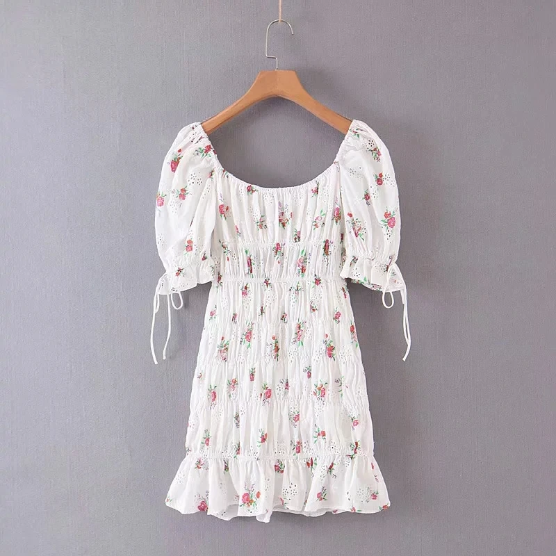 Женское платье мини Boho белое ажурное с о вырезом и рукавами фонариками лето