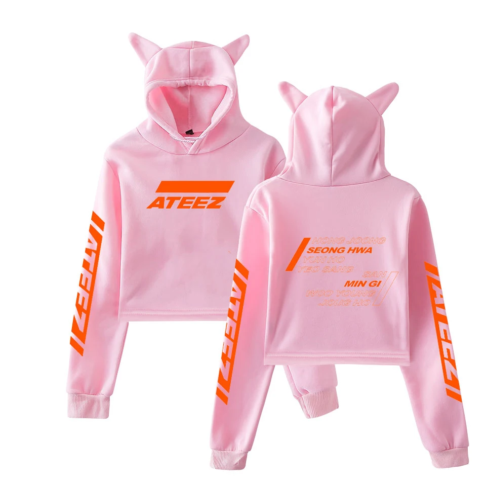  Kpop ATEEZ Cat Crop TopHoodies Sweatshirt Sexy Hoodies Harajuku Hongjoong Seonghwa Yunho Yeosang Sa