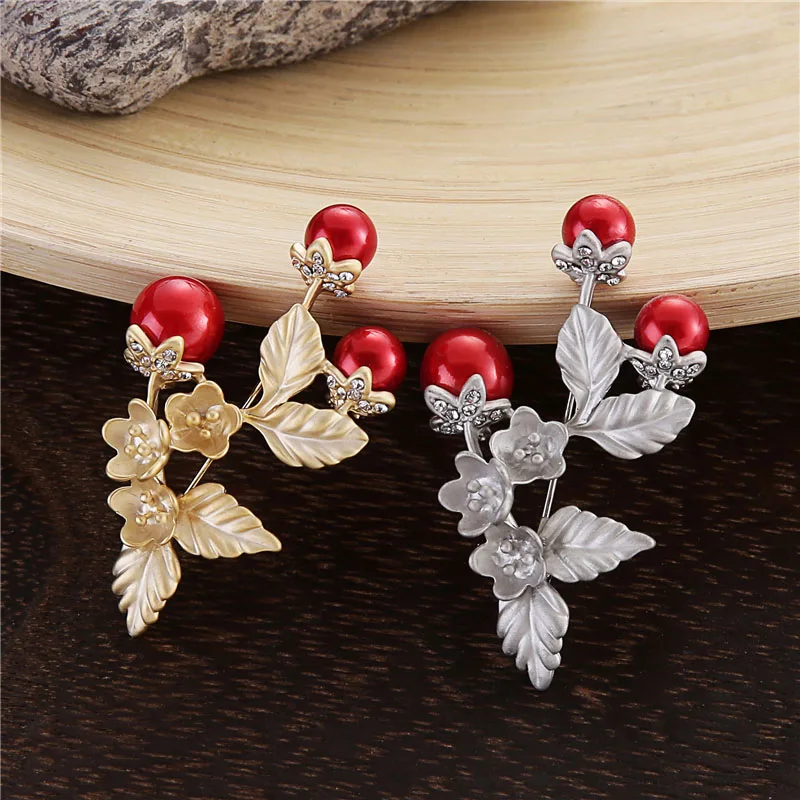 TDQUEEN Brooches Red Simulated Pearl Flower Pins and Brooches Safety Pin Jewelry Zinc Alloy Metal Brooch for Women BR0054-3