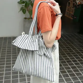 

LJT 2019 New Korean Art Stripes Linen Bag Women Elegent Shoulder Bag Simple Personality Drawstring Bag Women Bags Designer