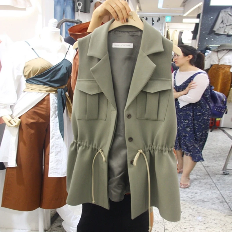 

Sleeveless Jacket Women 2019 Spring Autumn New Joker Solid Color Vest Female Drawstrings Waist Slim Suit Collar Korean Vests