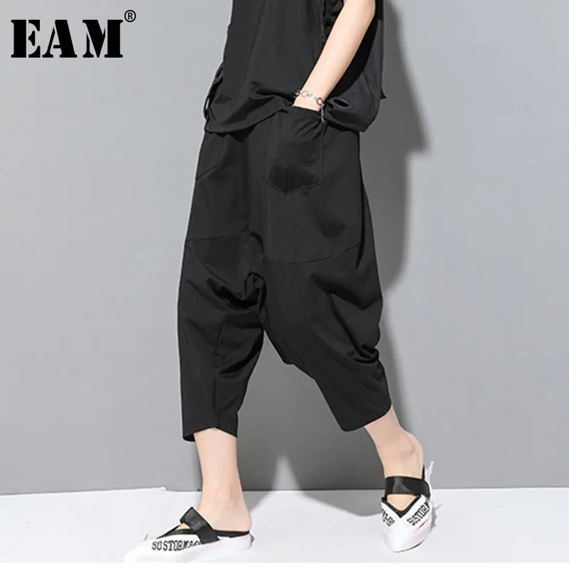 

[EAM] 2019 New Autumn Winter High Elastic Waist Black Pocket Split Joint Loose Wide Leg Pants Women Trousers Fashion Tide JU645