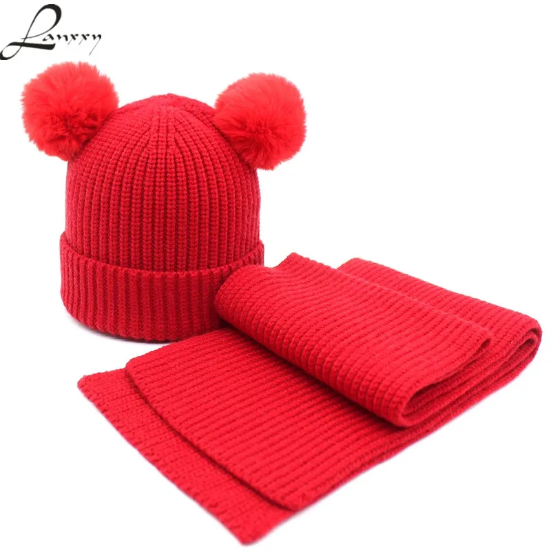 

Lanxxy 2018 New Kids Winter Wool Scarf Set Faux Rabbit Fur Pompom Hat Scarves Baby Gorros Knit Bonnet Beanies Caps Scarfs Child