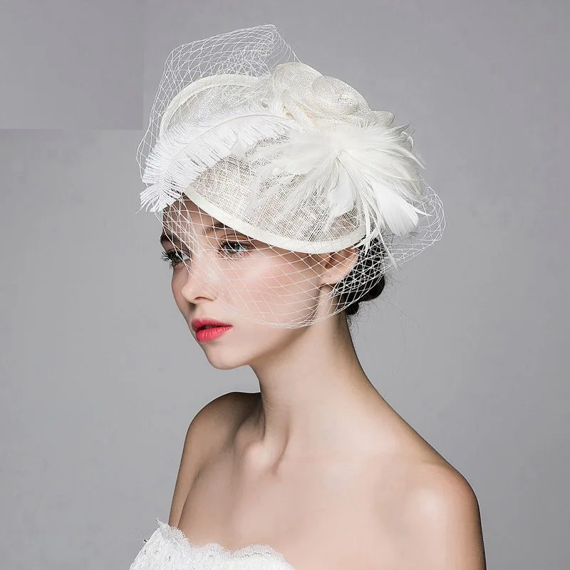 Vintage Elegant Lady Floral Veil Hats White Feather Evening Party