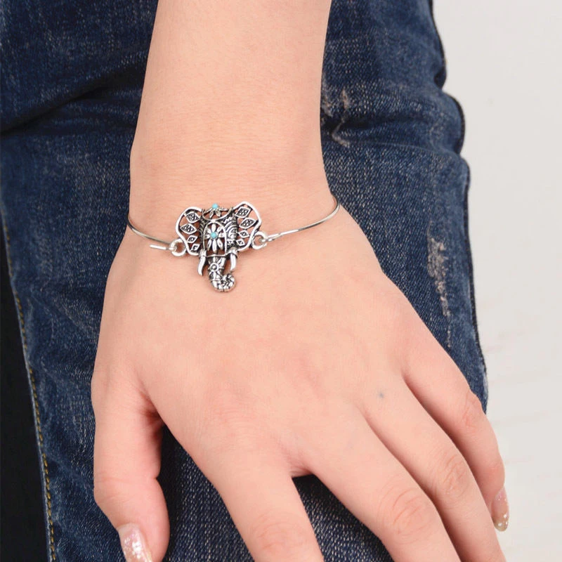 Women Retro Ethnic Boho Hollow Elephant Totem Bangle Bracelet Cuff Jewelry