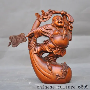 

christmas old Chinese Boxwood Hand carved coin mouse purse laughter maitreya Buddha Statue halloween