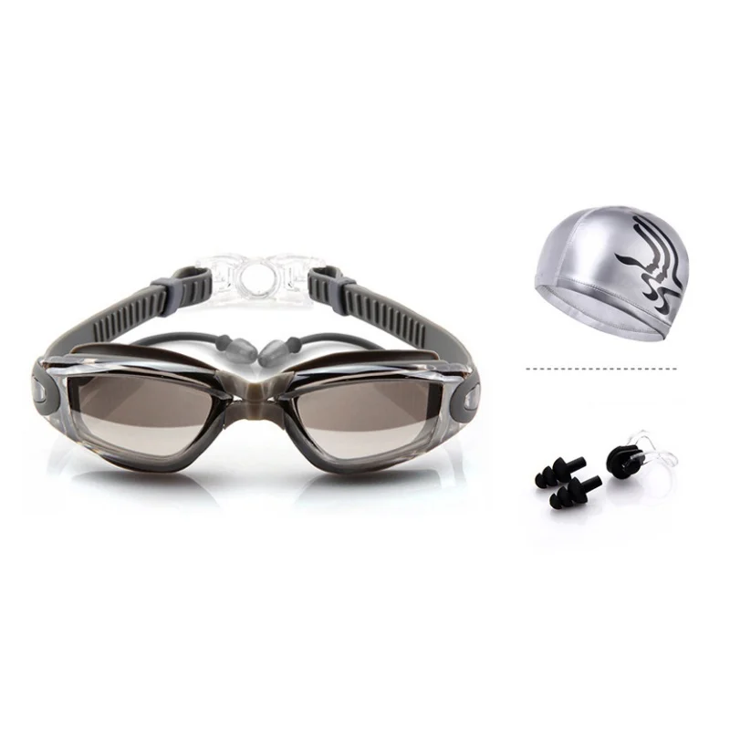 Летние плавательные Профессиональные противотуманные плавательные очки для мужчин и женщин, большая коробка с гальваническим покрытием+ шапочка для плавания, серебро