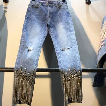 

2019 summer new tassel women jeans embroidered flare high waist slim sexy night club lady denim pants fashion buttomings
