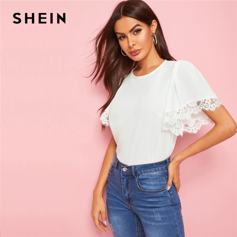 SHEIN Однотонный Топ С Оригинальным Рукавом И Кружевной Отделкой Женская Летняя Элегантная Блузка С Короткими Рукавами