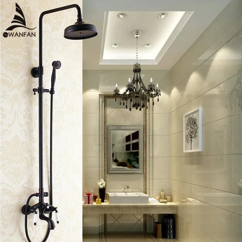 Shower Faucet Black Brass Bathroom Mixer Double Switch Exposed Shower FaucetS Hot and Cold Mixer