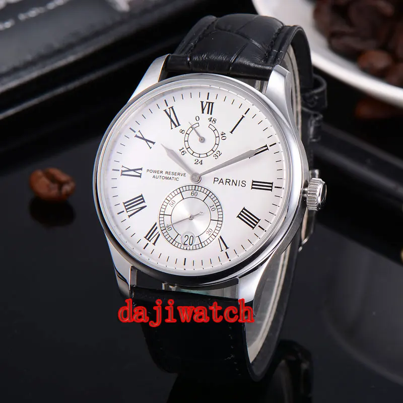 

Parnis 43mm Mechanical Power Reserve Leather Date Automatic mechanical Mens Wrist Watch white/black PN164